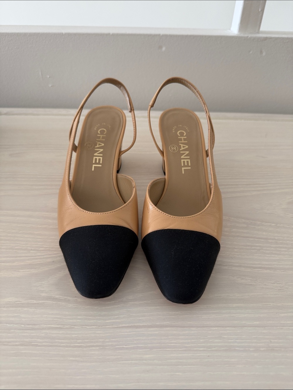 CHANEL nude leather black grosgrain toe cap CC logo block heel slingback